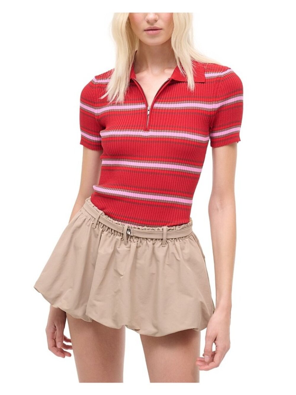 STAUD Ren Ribbed Polo Red White XS NWT Zip Front Stripe Knit Top - Picture 1 of 5